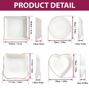 K&ouml;nnte beinhalten: Produktbild mit vier wei&szlig;en Keramikschalen mit goldenen R&auml;ndern. Die Formen umfassen ein Quadrat, einen Kreis, ein wellenf&ouml;rmiges Quadrat und ein Herz. Ma&szlig;e in cm: 10.4cm, 10cm, 11.1cm und 1.8cm. Der Text "PRODUCT DETAIL" steht oben.
