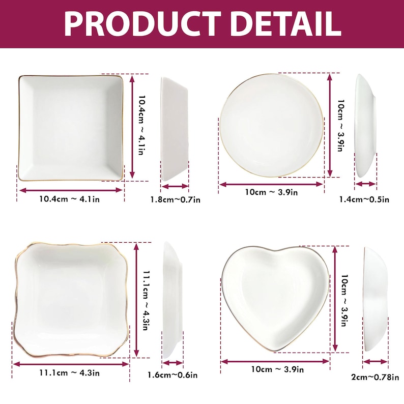 K&ouml;nnte beinhalten: Produktbild mit vier wei&szlig;en Keramikschalen mit goldenen R&auml;ndern. Die Formen umfassen ein Quadrat, einen Kreis, ein wellenf&ouml;rmiges Quadrat und ein Herz. Ma&szlig;e in cm: 10.4cm, 10cm, 11.1cm und 1.8cm. Der Text "PRODUCT DETAIL" steht oben.