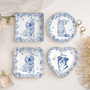 Custom Dog Jewelry Dish, Pet Memorial Jewelry Dish, Cat Dog Memorial Portrait Ring Dish, Toile De Jouy Pet Ring Dish, Gift For Pet Owner image 2