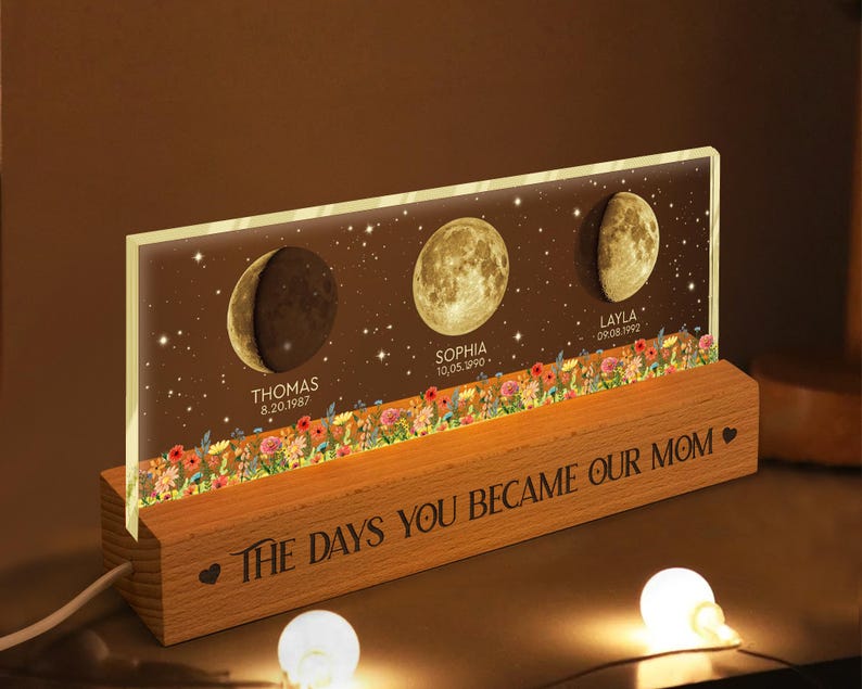 Custom Moon Phase by Date Night Light Gift for Mom, Mothers Day Gift for Grandma, Personalized Mom Moon Phase Lamp, Mom Gifts, Birthday Gift image 2