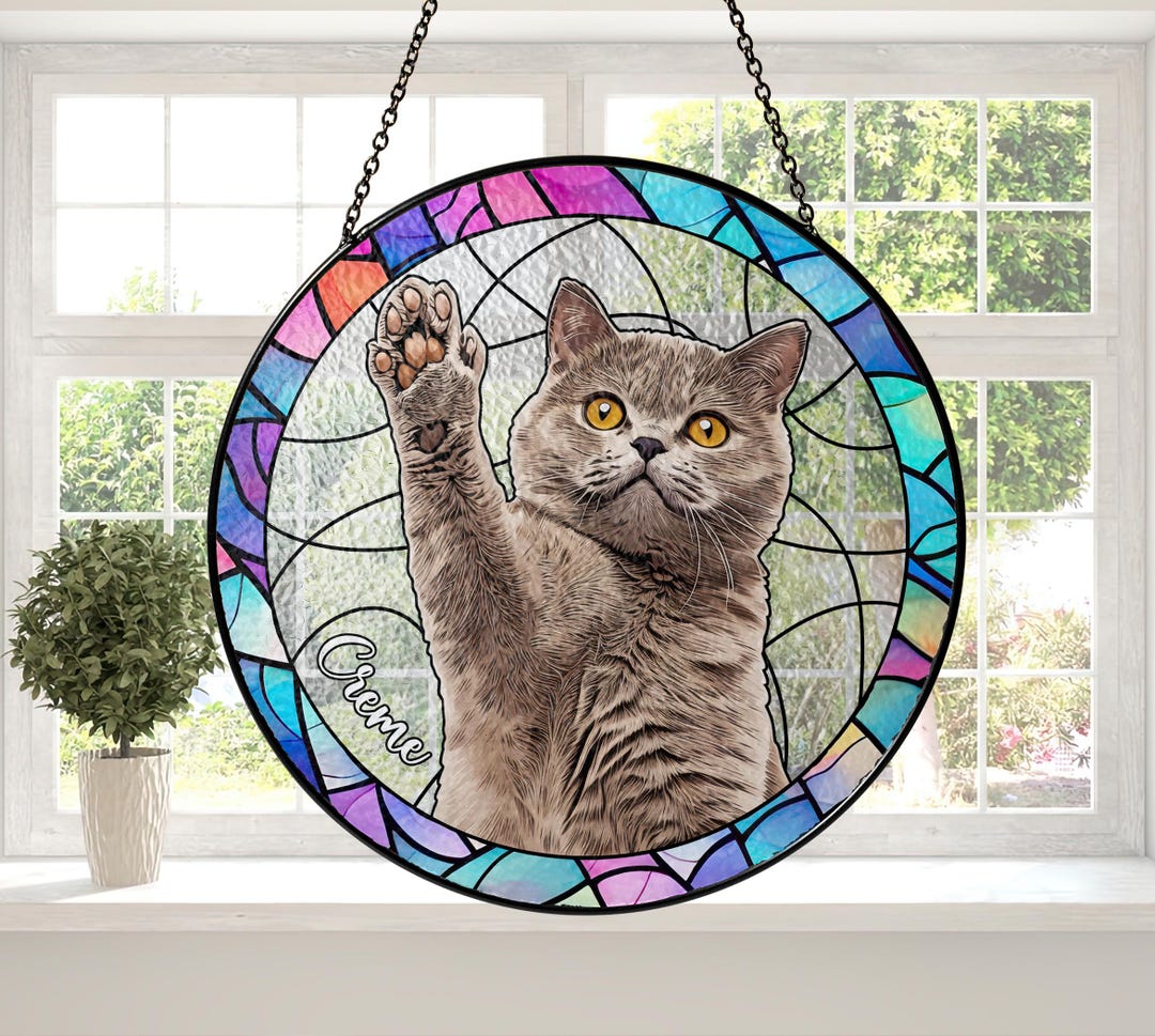 Custom Cat Portrait Stained Glass Suncatcher, Pet Memorial Stained ...