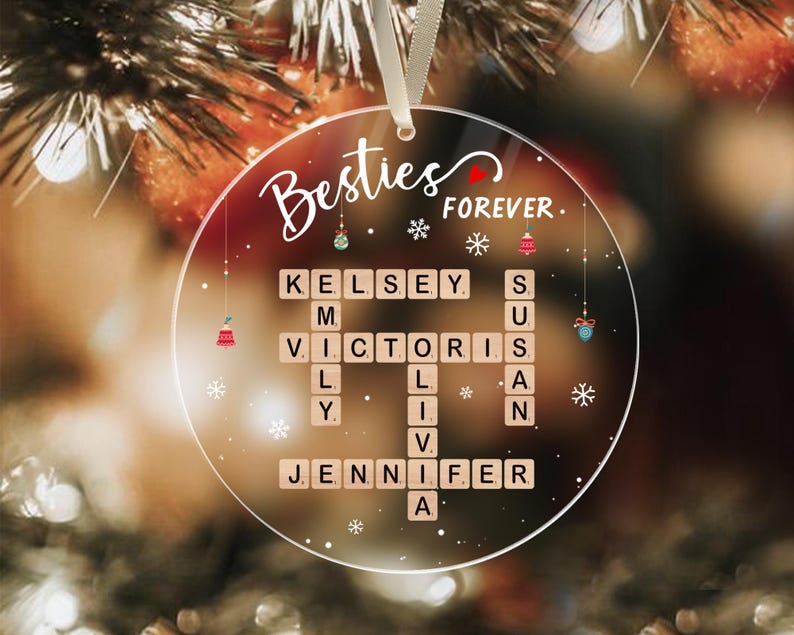 Personalized Bestie Crossword Puzzle Art Ornament, Custom Christmas