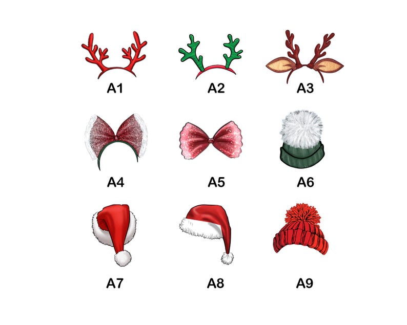May include: A collection of nine holiday-themed illustrations labeled A1 through A9, featuring red and green reindeer antlers, glittery bows, a green beanie with a white pom-pom, and various red Santa hats with white fur trim and pom-poms.