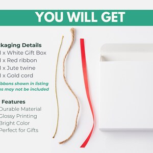 May include: A white gift box with a red ribbon, jute twine, and gold cord. The image also includes the text "YOU WILL GET" and details about the packaging and key features, such as durable material and glossy printing.