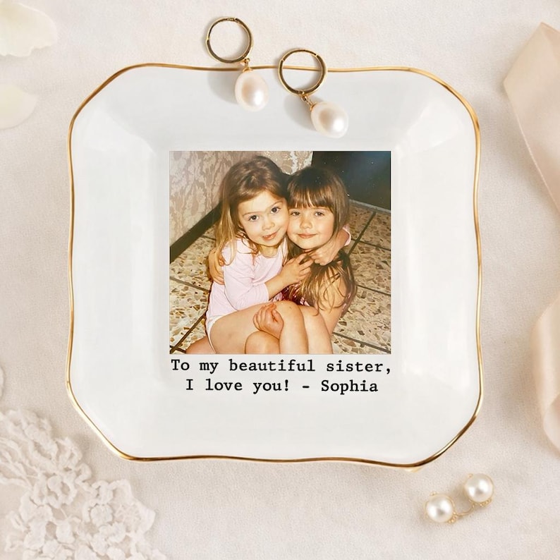 Personalized Sister Photo Jewelry Dish, Custom Ceramic Trinket Tray for Best Friend Wedding Day, Soul Sister Gift, Gift for Bridesmaids Bild 3