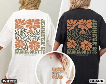 May include: Two t-shirts with a floral design and the text "Jennifer's Bachelorette Miami Beach, FL". One shirt is white and the other is black.