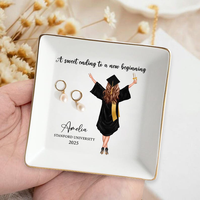 Personalized Graduation Gift for Her, Custom Jewelry Dish Gift for Daughter Class of 2025, College Graduation Keepsake Gift, Senior Gift image 1