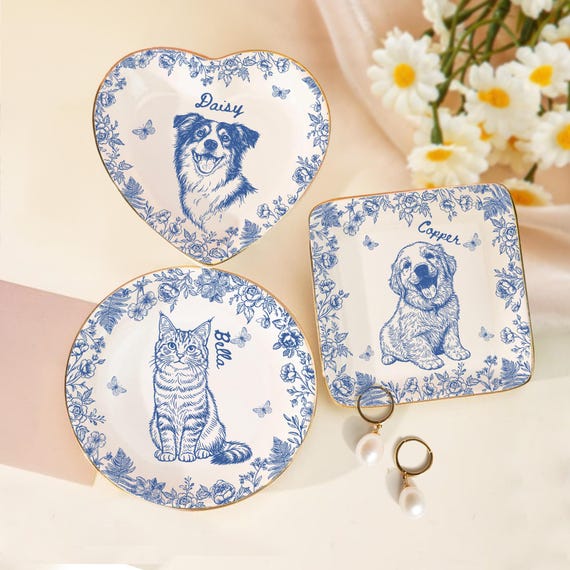 Custom Dog Jewelry Dish, Pet Memorial Jewelry Dish, Cat Dog Memorial Portrait Ring Dish, Toile De Jouy Pet Ring Dish, Gift For Pet Owner