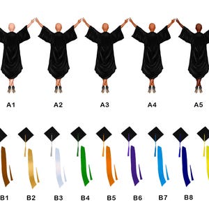 May include: Nine graduation caps with different colored tassels. The tassels are brown, gold, silver, green, orange, purple, blue, dark blue, and yellow.