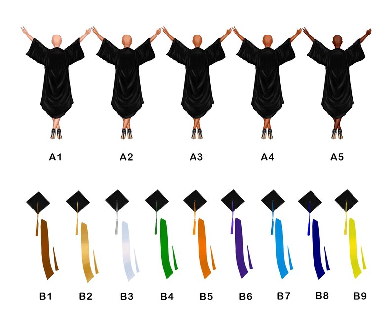 May include: Nine graduation caps with different colored tassels. The tassels are brown, gold, silver, green, orange, purple, blue, dark blue, and yellow.