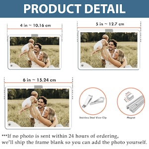 May include: Product detail image showing three photo frames with family photos, measuring 4 inches, 5 inches, and 6 inches. Also shown are a stainless steel visor clip and a magnet. Text reads: "PRODUCT DETAIL" and "If no photo is sent within 24 hours of ordering, we'll ship the frame blank so you can add the photo yourself."