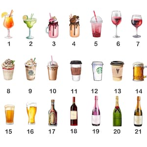 May include: A collection of twenty-one numbered watercolor illustrations of various beverages, including cocktails, iced coffees, bubble teas, wine glasses, beer mugs, and champagne bottles, arranged in three rows against a plain white background.