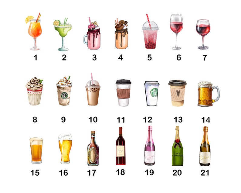 May include: A collection of twenty-one numbered watercolor illustrations of various beverages, including cocktails, iced coffees, bubble teas, wine glasses, beer mugs, and champagne bottles, arranged in three rows against a plain white background.