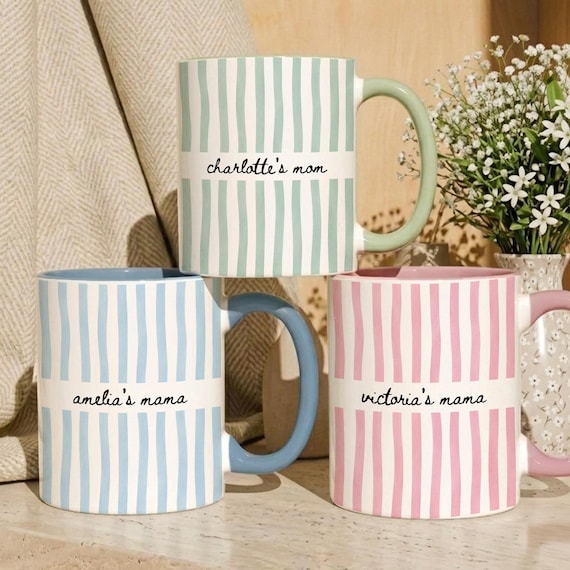 Personalized Mom Stripe Ceramic Mug, Custom Name Mother's Day Gift for Mom, New Mom Gift Idea, First Time Grandma Gifts