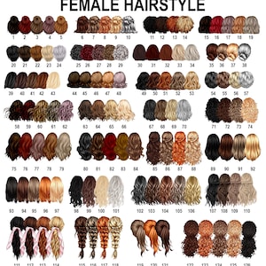 May include: A digital chart titled FEMALE HAIRSTYLE displaying 126 numbered illustrations of various hair colors, textures, and styles, including buns, braids, ponytails, and loose waves, arranged in rows for selection and customization purposes.