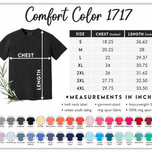 Pode incluir: T-shirt preto Comfort Color 1717 com tabela de tamanhos. As medidas do peito variam de 46,35 cm a 75,57 cm, e as medidas de comprimento variam de 67,62 cm a 85,09 cm. A camisa tem uma etiqueta de pesco&ccedil;o de sarja e &eacute; feita de algod&atilde;o ring-spun.