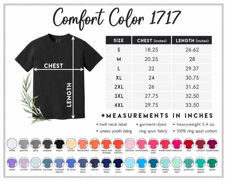 Pode incluir: T-shirt preto Comfort Color 1717 com tabela de tamanhos. As medidas do peito variam de 46,35 cm a 75,57 cm, e as medidas de comprimento variam de 67,62 cm a 85,09 cm. A camisa tem uma etiqueta de pesco&ccedil;o de sarja e &eacute; feita de algod&atilde;o ring-spun.