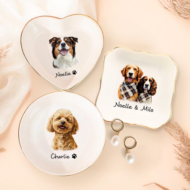 Personalized Dog Cat Photo Ring Dish, Custom Pet Portrait Jewelry Dish, Dog Mom Trinket Dish, Pet Lovers Gift, Mother’s Day Gift for Cat Mom zdjęcie 1