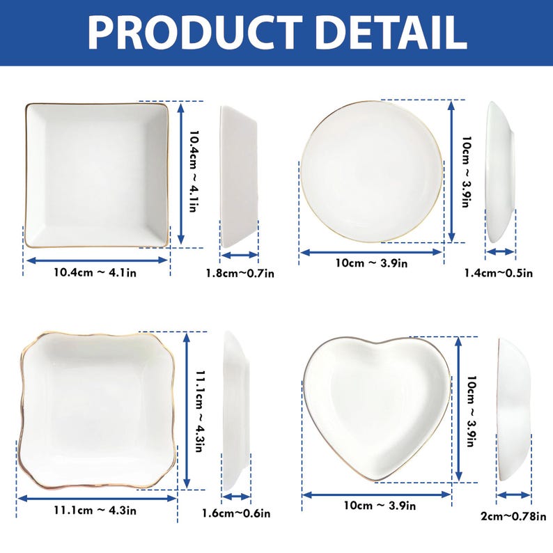 Puede incluir: Imagen de detalle del producto que muestra cuatro platos de cer&aacute;mica blanca con bordes dorados. Los platos incluyen un cuadrado, un redondo, un cuadrado con bordes festoneados y una forma de coraz&oacute;n. Medidas en cent&iacute;metros.