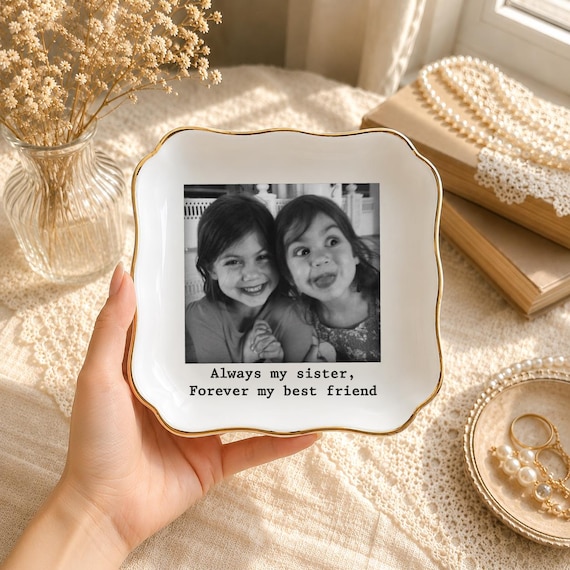 Personalized Sister Photo Jewelry Dish, Custom Ceramic Trinket Tray for Best Friend Wedding Day, Soul Sister Gift, Gift for Bridesmaids