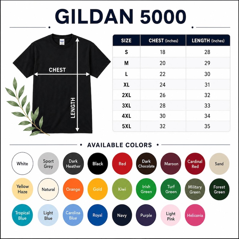 Pode incluir: T-shirt preto Gildan 5000 com op&ccedil;&otilde;es de tamanho e cor. A tabela de tamanhos mostra medidas do peito de 45,7 a 81,3 cm e comprimentos de 71,1 a 88,9 cm. Cores dispon&iacute;veis: branco, preto, vermelho e mais.