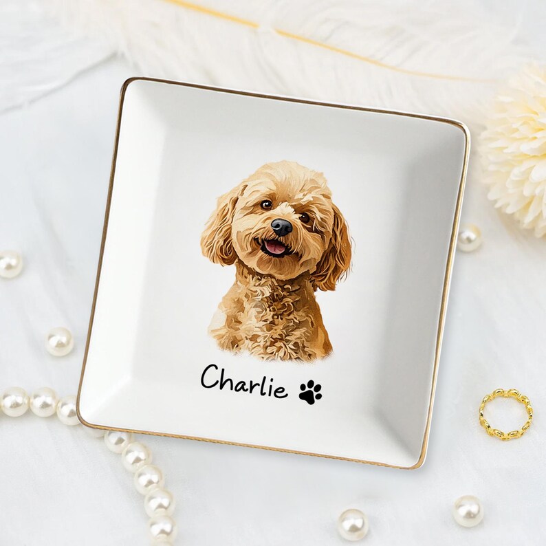 Personalized Dog Cat Photo Ring Dish, Custom Pet Portrait Jewelry Dish, Dog Mom Trinket Dish, Pet Lovers Gift, Mother’s Day Gift for Cat Mom zdjęcie 2