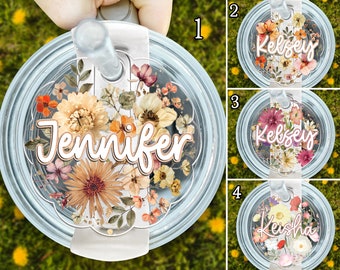 Custom Tumbler Name Tag, Flowers Personalized Stanley Name Plate, 30oz 40oz Quencher Name Plate, Stanley Plate Topper, Tumbler Lid Tag