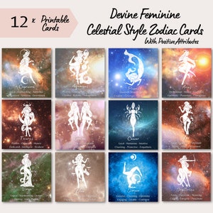 Cartões femininos imprimíveis do zodíaco, inserções de embalagem de astrologia, cartões de exibição de signos de estrela, páginas de diário de horóscopo, álbum de recortes celestial