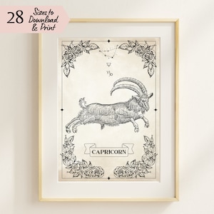 Printable Capricorn Zodiac Wall Art, Vintage Style Capricorn the Goat Poster with Constellation and Symbols, Horoscope Home Decor Print