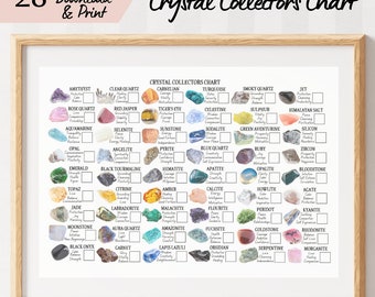 Printable Crystal Collectors Chart, 54 Crystals to Collect, Tick Off as You Collect, Crystal Qualities & Meanings, Reference Guide Poster