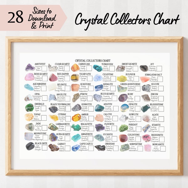 Printable Crystal Collectors Chart, 54 Crystals to Collect, Tick Off as You Collect, Crystal Qualities & Meanings, Reference Guide Poster