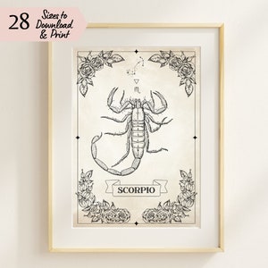 Afdrukbare Schorpioen Zodiac Wall Art, Vintage Style Schorpioen de Schorpioen Poster, Sterrenbeeld en Symbolen, Horoscoop Home Decor Print