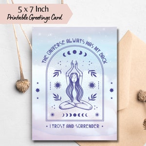 Faites confiance à l'univers carte de voeux imprimable, l'univers a toujours mon dos, j'ai confiance et je m'abandonne, carte d'anniversaire céleste pour les amateurs de yoga,