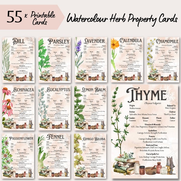 Printable Watercolour Herb Cards, Vintage Witch Style, Pentagram Jars and Books, Medicinal Herbal Reference, Apothecary Journal, Herb Info