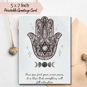 Tarjeta de felicitación imprimible con cita de paz interior de Hamsa, diseño de estilo de boceto, tarjeta de cumpleaños de descarga digital, tarjeta de cotización positiva espiritual de la luna