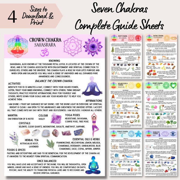 Seven Chakras Printable Guide Sheets, Chakra Balancing Cards, Chakra Healing Info, Downloadable Chakra Meaning Reference Posters, Reiki