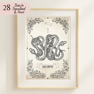 Gemini Sternzeichen Wandkunst, schönes Vintage-Stil Zwillinge Zwillinge Poster mit Konstellation und Symbole, Horoskop Wohndekor Druck