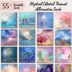 Tarjetas de afirmación imprimibles celestiales místicas, citas de mentalidad positiva descargables, baraja de cartas de manifestación para el cuidado personal y el amor propio
