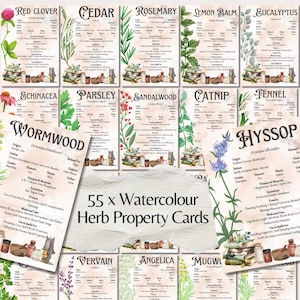 Watercolor Herb Cards, Vintage Witch Apothecary Style, Medicinal Herbal Healing Reference (Digital Download)