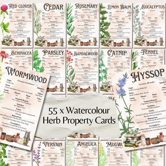 Watercolor Herb Cards, Vintage Witch Apothecary Style, Medicinal Herbal Healing Reference (Digital Download)