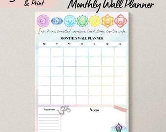 Chakra Printable Undated Wall Calendar, Colourful Spiritual Style Blank Monthly Wall Planner, Boho Rainbow Download Perpetual Desk Calendar