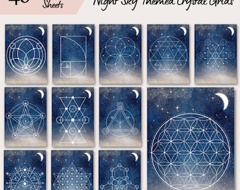 40 Printable Crystal Grids, Watercolour Night Sky Design with Moon & Stars, Sacred Geometry, Crystal Healing, Crystal Magic, Manifestation