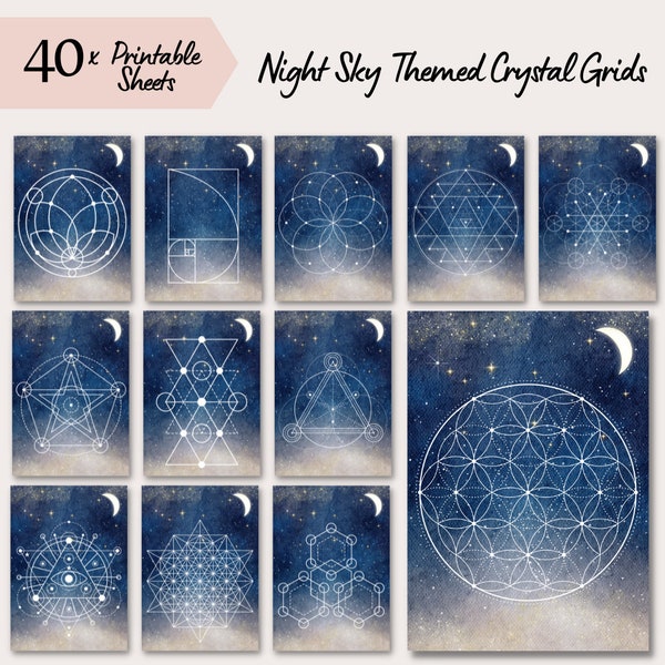 40 grilles de cristal imprimables, ciel nocturne aquarelle avec lune et étoiles, géométrie sacrée, guérison par les cristaux, magie du cristal, manifestation