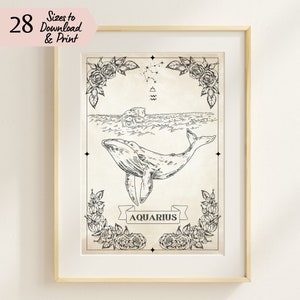 Afdrukbare Waterman Zodiac Wall Art, Vintage Style Waterman de Waterdrager Poster, Sterrenbeeld en Symbolen, Horoscoop Home Decor Print