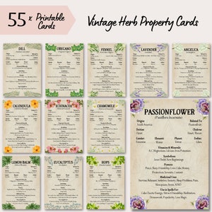 Printable Herb Cards, Watercolour Herbs, Vintage Witch Style with Pentagram, Medicinal Herbal Reference, Apothecary Journal Pages, Herb Info