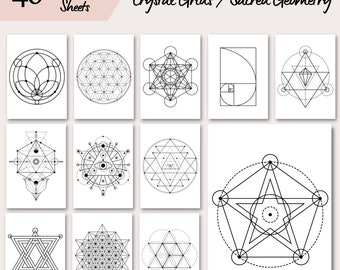 40 Printable Crystal Grids, Black and Plain White Background, Sacred Geometry, Crystal Healing, Crystal Magic, Manifestation, Astrology