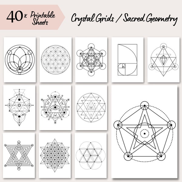 40 Printable Crystal Grids, Black and Plain White Background, Sacred Geometry, Crystal Healing, Crystal Magic, Manifestation, Astrology