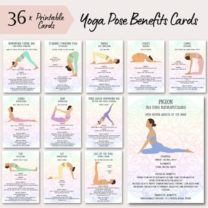 Afdrukbare kaarten yogahouding, mandala-ontwerp, flashcards voor yoga, inclusief Sanskriet, chakra's en elementen, fysieke en energetische voordelen