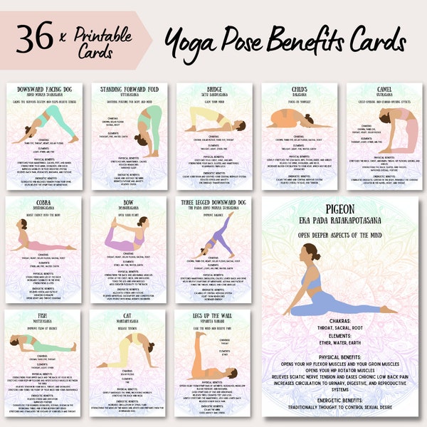 Yoga Pose Printable Cards, Mandala Design, Flashcards for Yoga, Includes Sanskrit, Chakras and Elements, Physical and Energetic Benefits