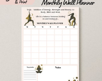 Yoga Lovers Printable Undated Wall Calendar, Women Yoga Poses Blank Monthly Wall Planner, Yoga Quote Download Perpetual Blank Desk Calendar